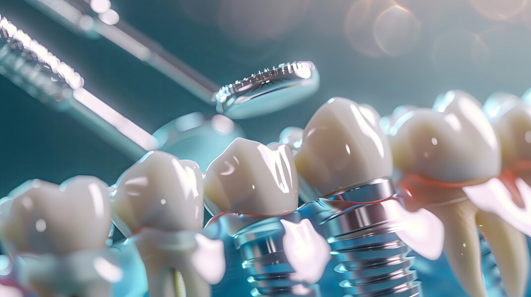 Dental procedures with implants and dental tools on the background of human teeth in the style of hologram, closeup macro shot, high detail, hyperrealistic, high resolution, dynamic lighting, volumetric, professional photography, sharp focus, depth of field.